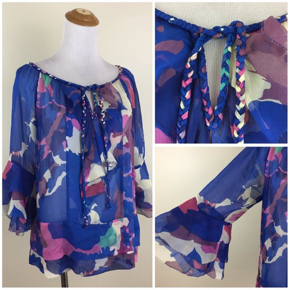 DVF DIANE VON FURSTENBERG 3/4 Sleeve Braid Tie Collar 100% Silk Printed Shirt - Picture 1 of 13